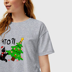Футболка оверсайз женская Новогодний котик роняет ёлку, цвет: меланж — фото 2