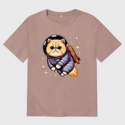 Футболка оверсайз женская Котик бравый космонавт с джетпаком, цвет: пыльно-розовый