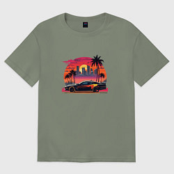 Футболка оверсайз женская Ретро закат в Майями и гоночная машина, цвет: авокадо
