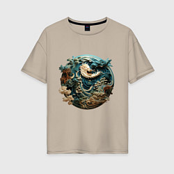 Футболка оверсайз женская Китайский дракон в круге, цвет: миндальный
