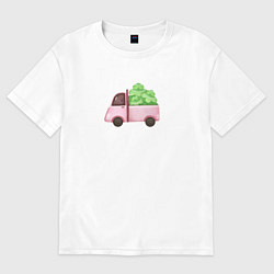 Футболка оверсайз женская Розовый грузовик везет новогодние елки, цвет: белый