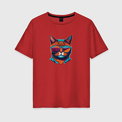Футболка оверсайз женская Модный кот в стильных очках, цвет: красный