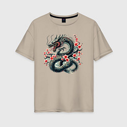 Женская футболка оверсайз Japanese dragon and sakura - irezumi