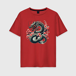 Футболка оверсайз женская Japanese dragon and sakura - irezumi, цвет: красный