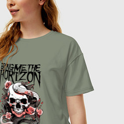 Футболка оверсайз женская Bring Me the Horizon - A skull with roses, цвет: авокадо — фото 2