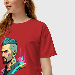 Футболка оверсайз женская Портрет мужчины с бородой Cyberpunk 2077, цвет: красный — фото 2