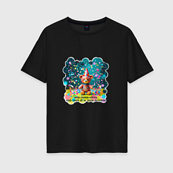 Футболка оверсайз женская Мишка в праздничном колпаке и конфетти: жизнь слиш, цвет: черный