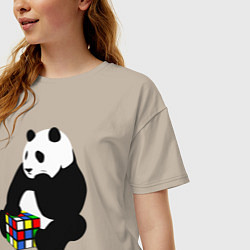 Футболка оверсайз женская Панда с кубиком, цвет: миндальный — фото 2