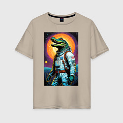 Футболка оверсайз женская Крокодил космонавт - нейросеть, цвет: миндальный