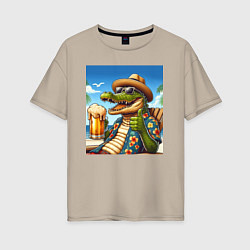 Женская футболка оверсайз Чувак крокодил с пивом на пляже