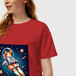 Футболка оверсайз женская Реактивный корги в космосе, цвет: красный — фото 2