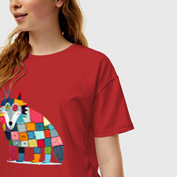 Футболка оверсайз женская Funny wolf - patchwork ai art, цвет: красный — фото 2