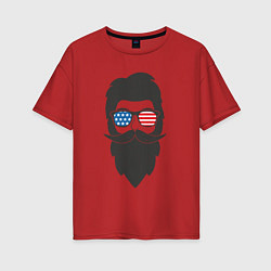 Футболка оверсайз женская Американец с усами и бородой, цвет: красный
