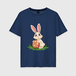 Футболка оверсайз женская Пасхальный кролик и пасхальное яйцо, цвет: тёмно-синий