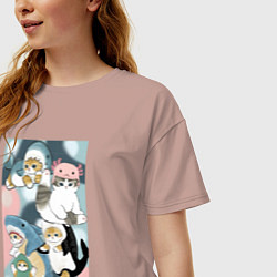 Футболка оверсайз женская Котики и зверята милые стикер-мемы, цвет: пыльно-розовый — фото 2