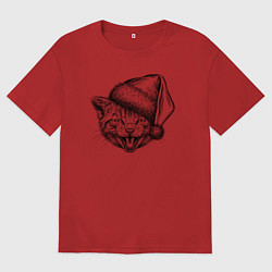 Футболка оверсайз женская Новогодний котенок в колпаке, цвет: красный