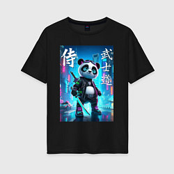 Футболка оверсайз женская Panda samurai - bushido ai art, цвет: черный