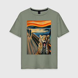 Футболка оверсайз женская Леопард кричит - мем картина от нейросети, цвет: авокадо