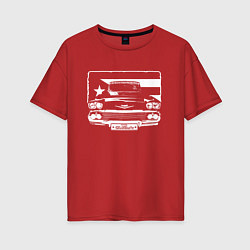 Футболка оверсайз женская Кубинский флаг и старый американский автомобиль, цвет: красный