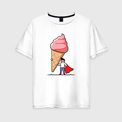 Футболка оверсайз женская Забавный супермен держит огромный рожок мороженого, цвет: белый