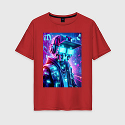 Футболка оверсайз женская Minecraft and Cyberpunk collaboration - ai art neo, цвет: красный