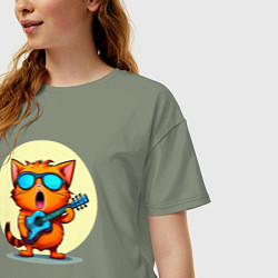 Футболка оверсайз женская Рыжий кот с гитарой поет песню, цвет: авокадо — фото 2