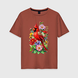 Футболка оверсайз женская Птица красный кардинал среди цветов, цвет: кирпичный