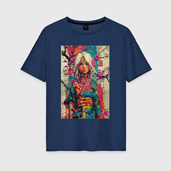 Футболка оверсайз женская Белокурая индейская девушка в японском кимоно - жи, цвет: тёмно-синий