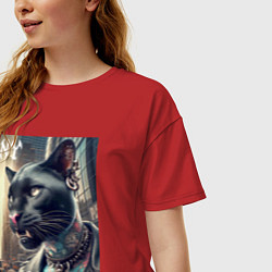 Футболка оверсайз женская Cool dude panther from New York - ai art, цвет: красный — фото 2