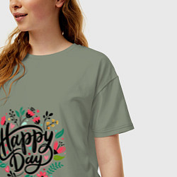 Футболка оверсайз женская Happy day с цветами, цвет: авокадо — фото 2