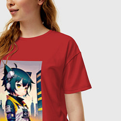 Футболка оверсайз женская Kitten girl - cyberpunk, цвет: красный — фото 2