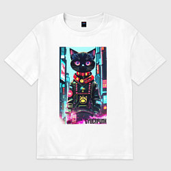 Футболка оверсайз женская Котёнок в мегаполисе - киберпанк, цвет: белый