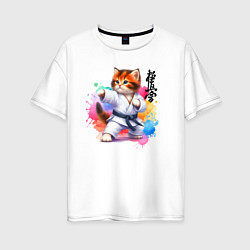 Футболка оверсайз женская Кёкусинкай карате - крутой котёнок, цвет: белый
