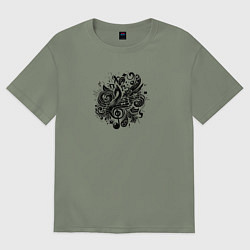 Футболка оверсайз женская Орнамент со скрипичным ключом тату стиль, цвет: авокадо