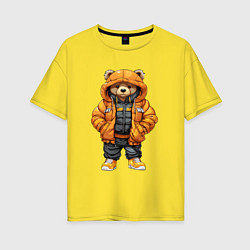 Футболка оверсайз женская Медведь в тёплой куртке, цвет: желтый