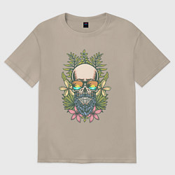 Футболка оверсайз женская Бородатый череп хипстер в цветах, цвет: миндальный