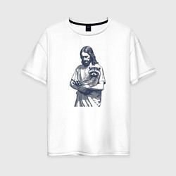 Футболка оверсайз женская Иисус держит милого енота на своих руках, цвет: белый