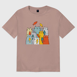 Футболка оверсайз женская Коты и рыбы, цвет: пыльно-розовый