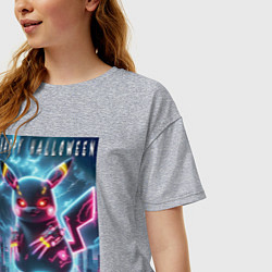 Футболка оверсайз женская Pikachu with a cyber claws - halloween, цвет: меланж — фото 2