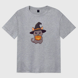 Футболка оверсайз женская Кот в шляпе ведьмы с тыквой, цвет: меланж