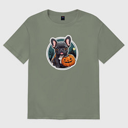 Футболка оверсайз женская Собака французский бульдог с тыквой, цвет: авокадо