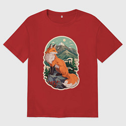 Футболка оверсайз женская Лиса и горы, цвет: красный