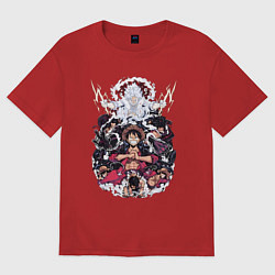 Футболка оверсайз женская Ван-Пис Луффи Монки коллаж, цвет: красный