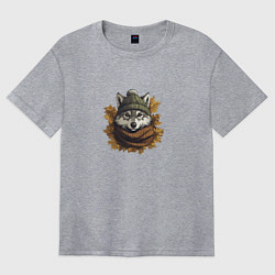 Футболка оверсайз женская Серый волк в шапке и шарфе, цвет: меланж