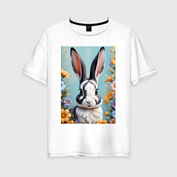 Футболка оверсайз женская Кролик в цветах, цвет: белый