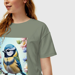 Футболка оверсайз женская Синичка в цветах, цвет: авокадо — фото 2