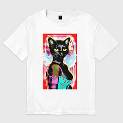 Футболка оверсайз женская Фигуристая чёрная кошечка в стиле поп-арт, цвет: белый