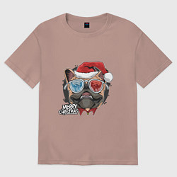 Футболка оверсайз женская Новогодний мопс, цвет: пыльно-розовый