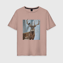Футболка оверсайз женская Олень и птица живопись, цвет: пыльно-розовый