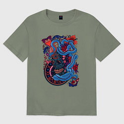 Футболка оверсайз женская Арт змеи и черепа, цвет: авокадо